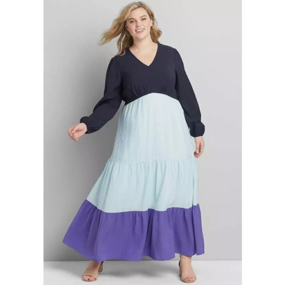 Lane Bryant Night Sky Blue Tiered Crepe Maxi Dress Colorblock Long Sleeve SZ 16